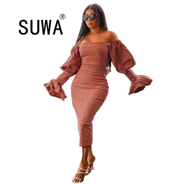 

casual dresses vintage red plaid print chic fashion women dress long sleeve slash collar high waist bodycon maxi vestidos, Black;gray