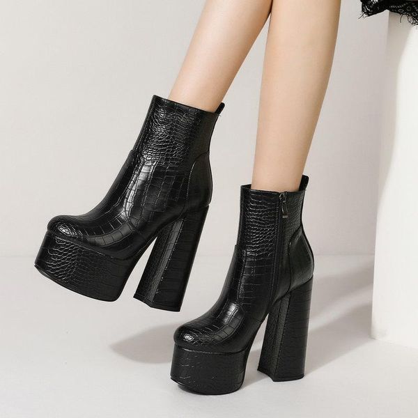 

boots plush size 42 43 women shoes crocodile print square high heel ankle fashion zipper platform short round toe, Black