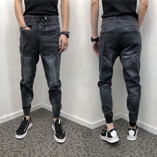 

men's jeans autumn trend super fire pants net red with the same paragraph slim feet korean black teenagers pencil trousers, Blue