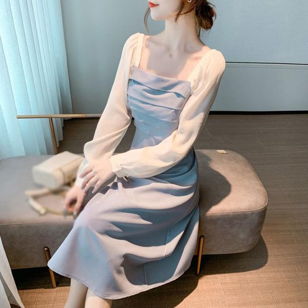 

casual dresses autumn women's cotton temperament gentle defined waist square neck stitching long-sleeved dress, Black;gray