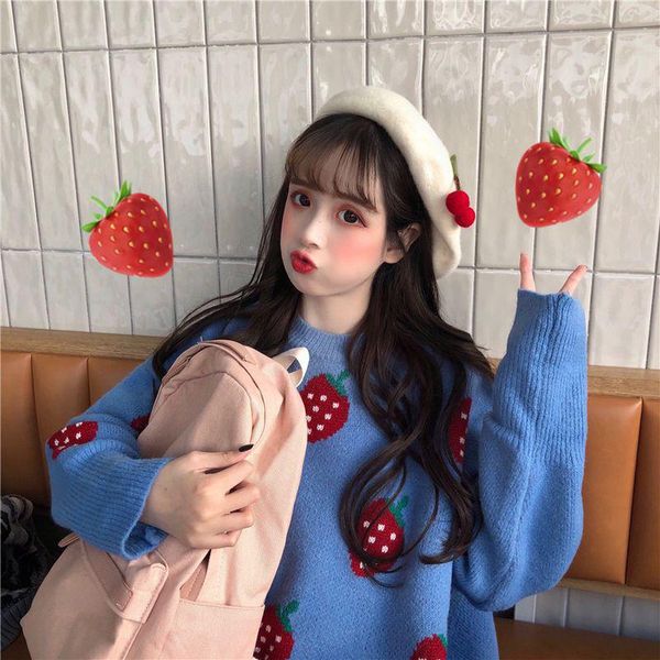 

women's sweaters oversized knit women sweater autumn korean loose strawberry design winter pullover harajuku fashion, White;black