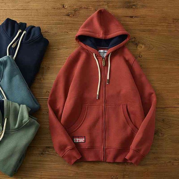 

fashion brand simple men's zipper sports with plush and thickened solid color loose casual hooded jacket, Black