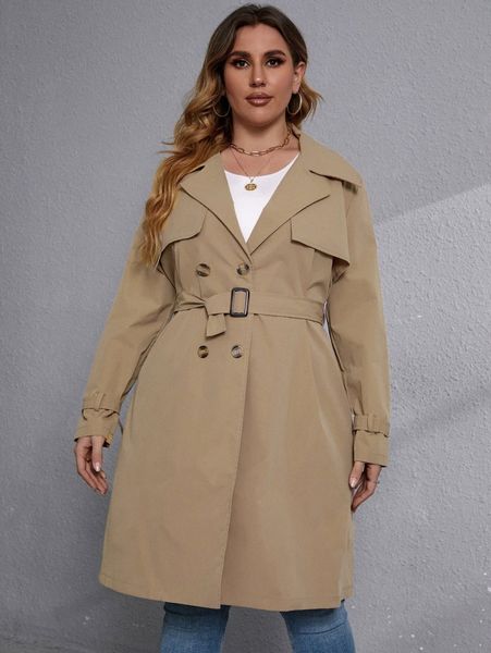 

plus lapel neck double breasted blazer trench coat k0wg#, Black