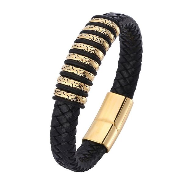 

charm bracelets male jewelry punk black braided leather for men gold color stainless steel magnetic clasp fashion bangles gifts pd0778, Golden;silver