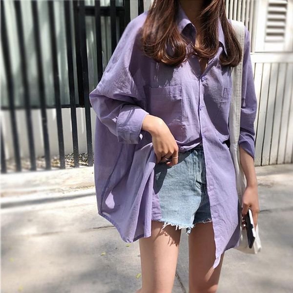 

women's blouses & shirts purple white button loose shirt 2021 summer sunscreen thin blouse casual long sleeve pockets oversized for fem