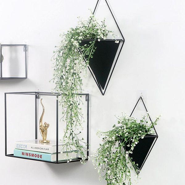 

geometric flower pot metal iron frame ceramic wall hanging vases decorative mini potted plant container office wall decoration