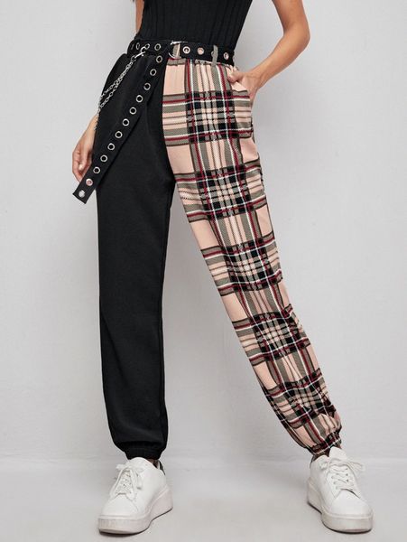 

colorblock tartan chain detail belted joggers e3wc#, Black;white
