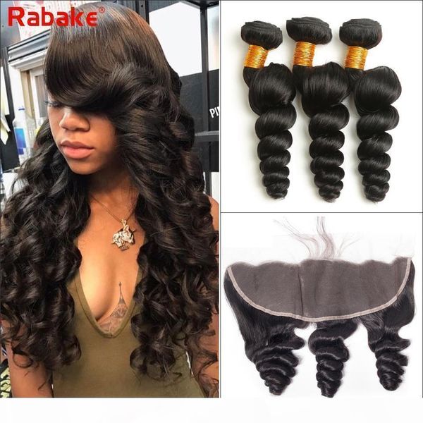 

peruvian virgin human hair weave bundles with frontal closure rabake loose wave virgin hair extensions with 13x4 lace frontal wholesale, Black;brown