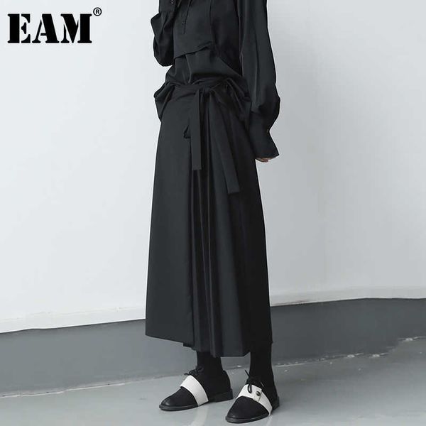 

[eam] high elastic waist black pleated long wide leg trousers loose fit pant fashion spring autumn 1db207 211007, Black;white