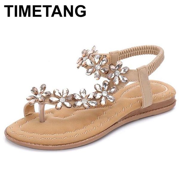 

sandals timetang boho flower women beach 2021 summer rhinestone flip flops soft flat ladies shoes sizes 35- 41e484, Black