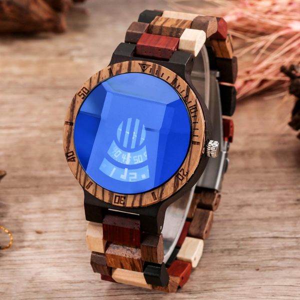 

wristwatches creative blue glass turntable digitals wooden quartz watch for men folding clasp men's full wood band bangle wristwatch, Slivery;brown