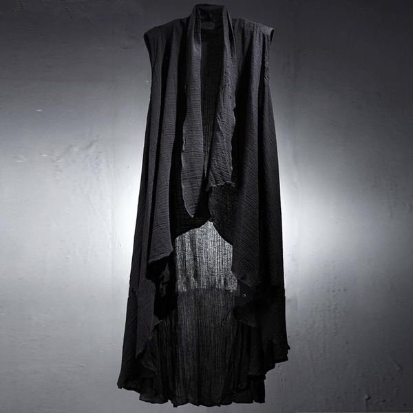 

men's vests summer black sleeveless long coat vest linen open stitch outwear cloak gothic thin f18, Black;white
