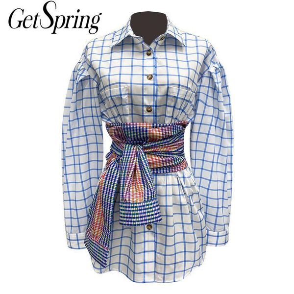 

getspring women blouse plaid women shirts lantern sleeve long shirt with waistband loose long women autumn blue 210225, White