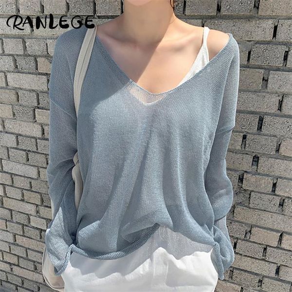 

ranlege women casual v neck knitted blouse solid loose ladies batwing long sleeve see through shirt roupas feminina 21302, White