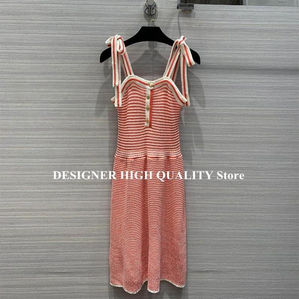 

casual dresses high-end brand fashion knitted summer dress women 2021 sweet sleeveless straps lace-up contrast stripes buttons midi, Black;gray