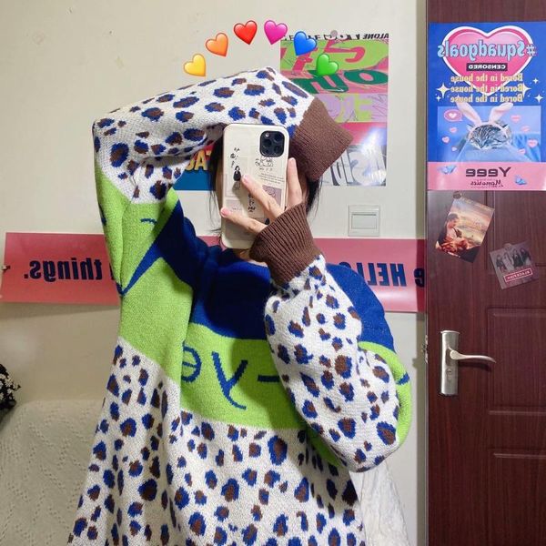 

winter knitting retro stitching letters wool women sweater round collar soft warm loose embroidered pullovers casual sweater, White;black