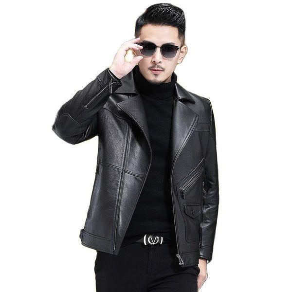 

men's leather & faux kolmakov 2021 autumn style full-grain short turn-down collar jacket business casual slim male coat 165-195, Black