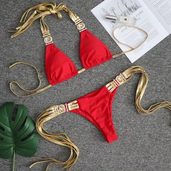 

women's swimwear crystal bikini set push-up bra brazilian tassel women halter solid red rhinestone bathing suit tanga, White;black