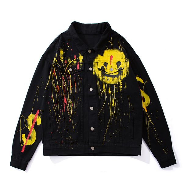

2021 new harajuku graffiti painted smiley jeans jacket men and women streetwear oversize washed denim coat windbreaker loose casual vsp, Black;brown