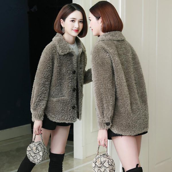 

women's fur & faux wool jacket real sheep coats winter coat women clothes 2021 fashion short long sleeve thick warm x854, Black
