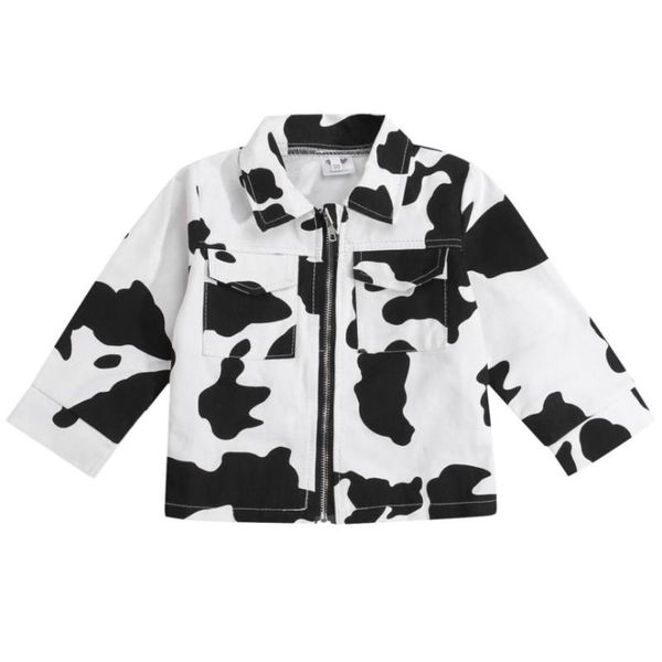 

jackets children cow print coat loose fit long sleeve lapel neck zip-up with pockets, Blue;gray