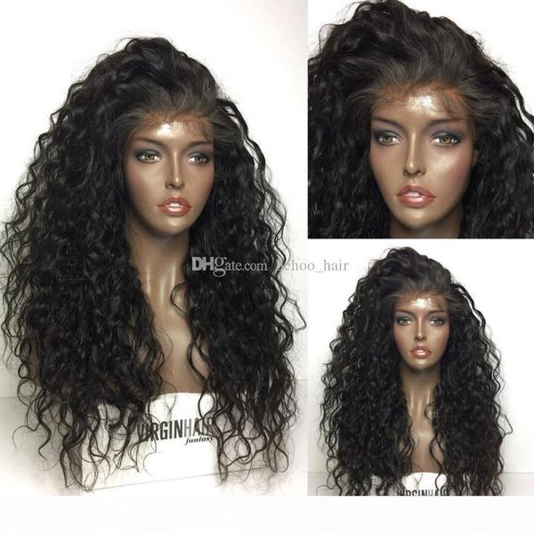 

wet and wavy full lace human hair wigs for black women virgin peruvian water wave lace front wigs natural hairline, Black;brown