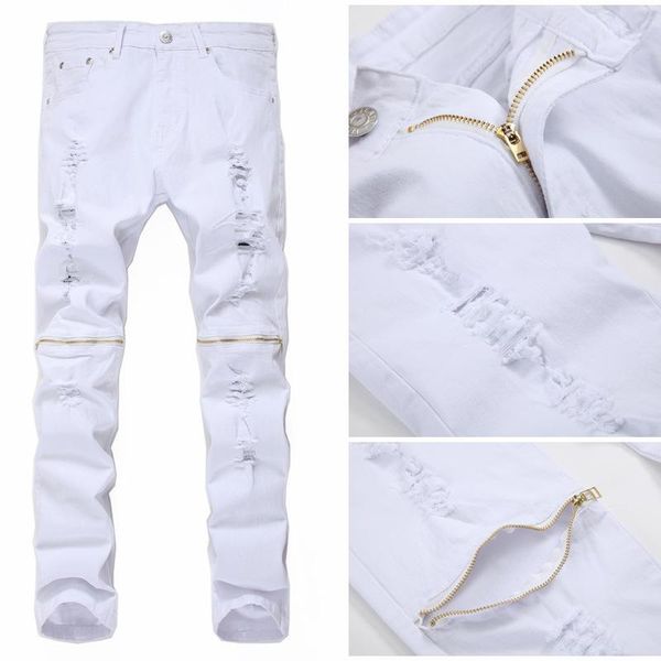 

2021 men's ripped knee zipper high street jeans teenagers slim fit skinny jeans, Blue