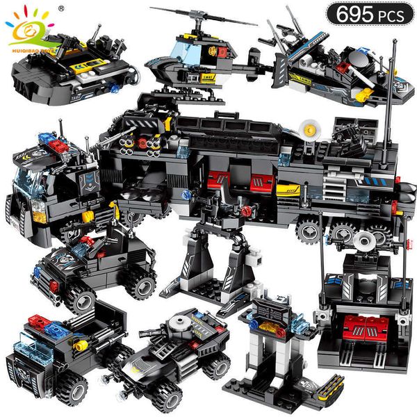 Huiqibao 695pcs 8in1 Military Swat Command Fahrzeug Bausteine Stadtpolizeiflugzeug -Figuren Waffenwagen Spielzeug für Kinder x0902