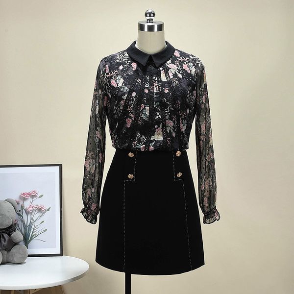 

elegant black flower impression blouse long sleeves chiffon female shirt loose fine all-match chic 2021 sweaters qkw4