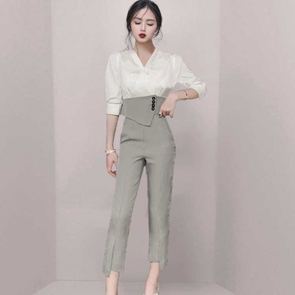 

spring women 2 piece set elegant office lady outfits hit color blouse and ol plaid pants fashion sets 210526, White