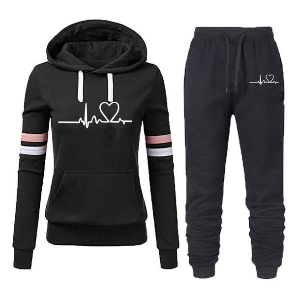 

women's hoodies & sweatshirts two piece set women shirt and elastic waist pants suit tracksuits female long sleeve pullover casual shi, Black