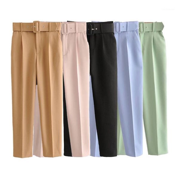

women's pants & capris za women straight pant suits fashion pockets with belt high waist solid trousers casual elegant office lady summ, Black;white