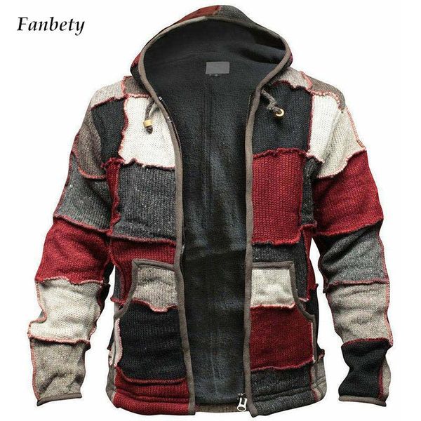 

men's jackets men autumn winter plus velvet warm hooded coats long sleeve patchwork knitted male cardigan streetwears, Black;brown