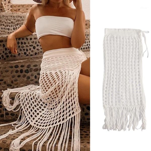 

women high waist hollow out crochet knit maxi skirt fringe tassels hem side split see-through summer beachwear sarong cover up women's, White;black