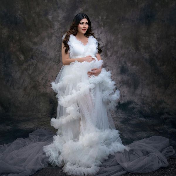 Довольно белые туль для беременных съемки Фотографии реквизит свадебные халаты рюшами без рукавов женщины ночные рубашки плюс платье размера
