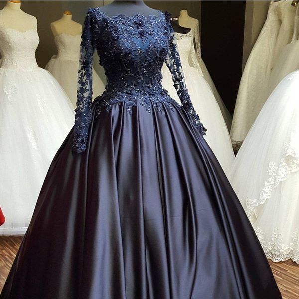 2021 Navy Blue Ballgown Brautkleider Langarmes Spitzen Applique Perlen Batteau Ausschnitt Mitte Hochzeit Brautkleider Vestido de Novia