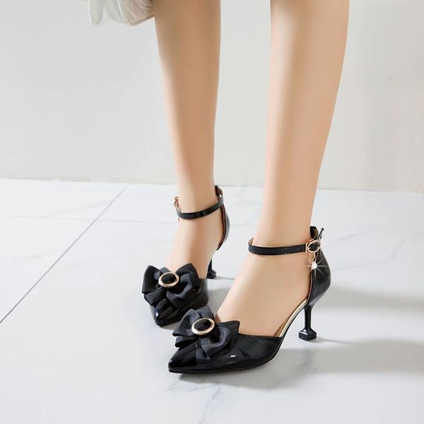

sandals pointed bow metal circle patent leather high heels pu simple beige sweet buckle female with comfortable heel, Black