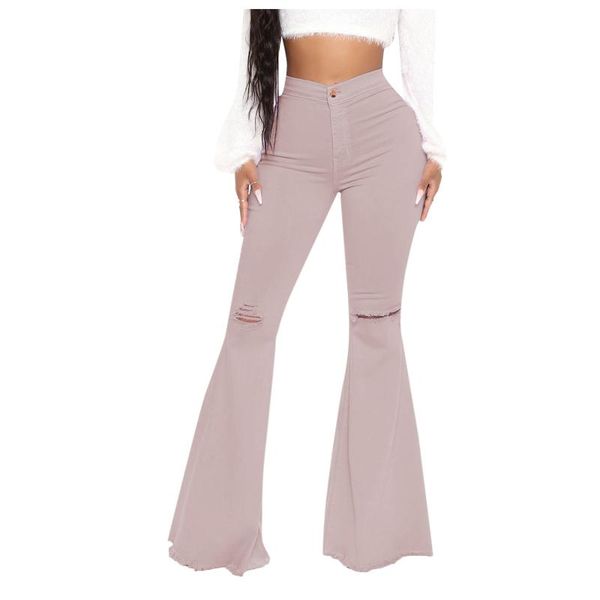

women's jeans womens hole button high waist zipper pocket casual denim pants flares wide leg slim korea fashion pantalones, Blue
