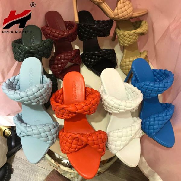

sandals 2021 high heels women summer hand woven shoes open quality slippers catwalk street s stiletto plus size, Black