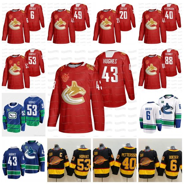 

youth quinn hughes vancouver canucks 2021 chinese new year gold ox red bo horvat brock boeser elias pettersson holtby schmidt jersey, Black;red