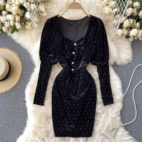 

autumn and winter velvet dress women vintage v neck long puff sleeve buttons decoration slim party short 210603, Black;gray