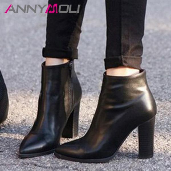 

boots annymoli real leather ankle super high heel women pointed toe short zip block ladies shoes autumn winter, Black