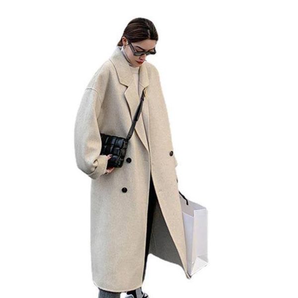 

women's wool & blends coat elegant women winter long sleeve double-breasted british style simple loose office lady overcoats 2021 t648, Black