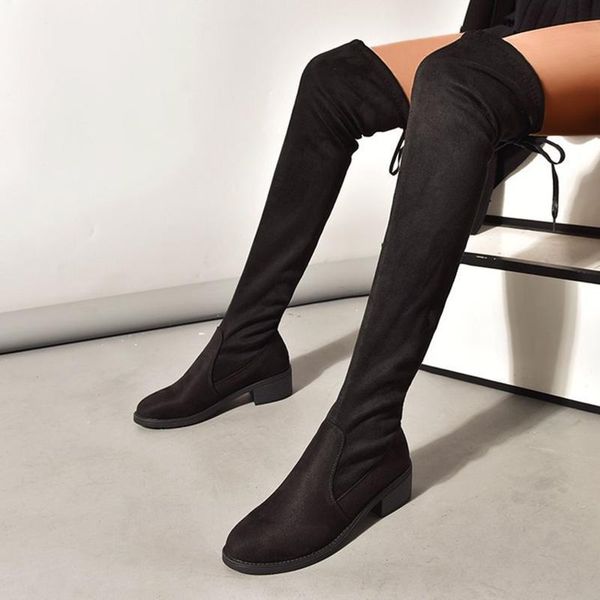 

boots women winter fashion women's shoes breathable chunky high heels pure color retro zipper thigh sapatos feminino mujer, Black