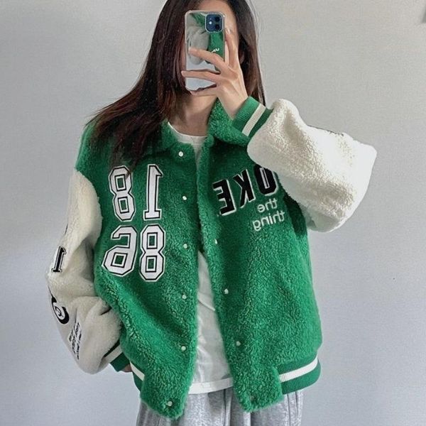 

women's jackets 2021 autumn and winter lamb wool fashion coats y2k loose wild casual stitching baseball uniform coat, Black;brown