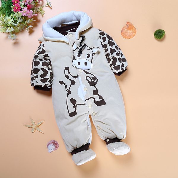 Серый корова молочко младенца зимняя одежда флисовые толстые новорожденные наряды с капюшоном комбинезоны девушки пальто детская одежда Bebe + Sock 210413
