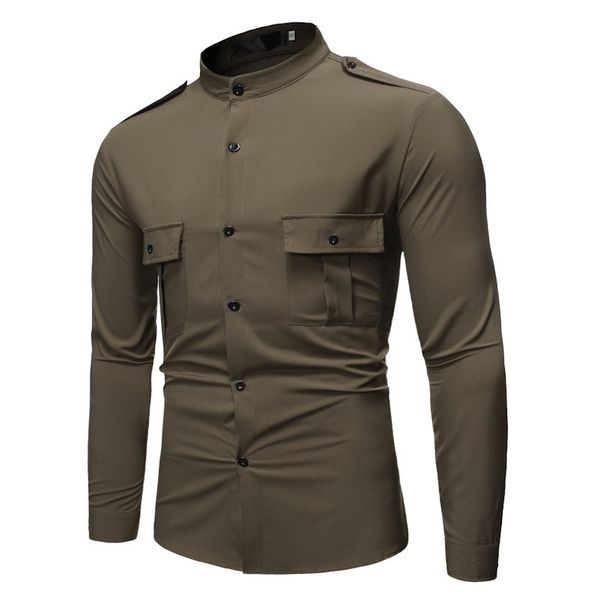 

men stand collar epaulette pocket decoration tooling military wind casual long mouw overshirt slender men's clothing, White;black