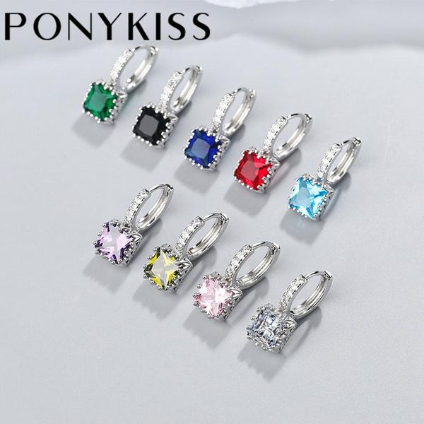 

hoop & huggie ponykiss trendy 925 sterling silver minimalist colorful square zircon earrings buckle for women fine jewelry drop, Golden;silver