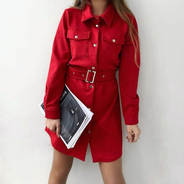 

taotrees autumn woman solid color suede dress turndown collar single breasted long sleeve dress with belt 210309, Black;gray