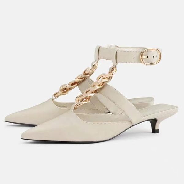 

sandals bailamos women metal chain pointed low heel shoes 2021 stiletto fashion ankle buckle hollow female roman, Black